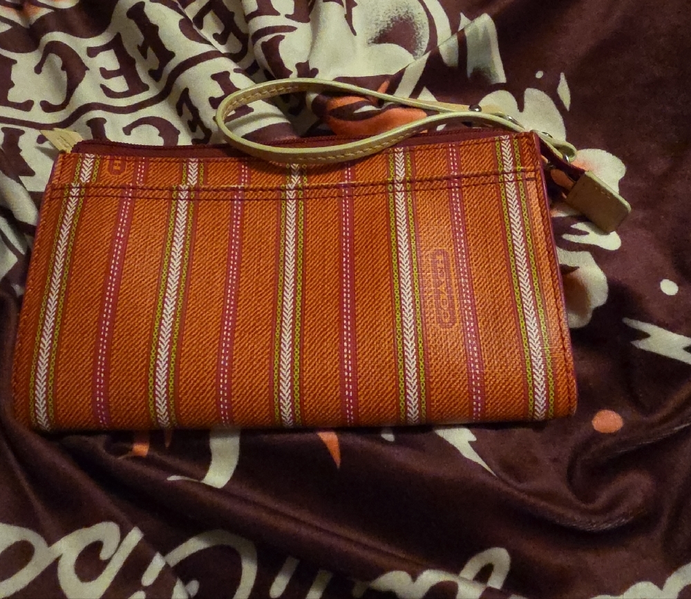 Coach Orange and Pink Striped Wristlet
